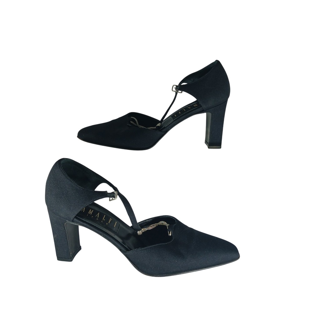 Amalfi T-Strap Pumps 7.5 Black Italian Leather Satin Block Heel Vintage Formal